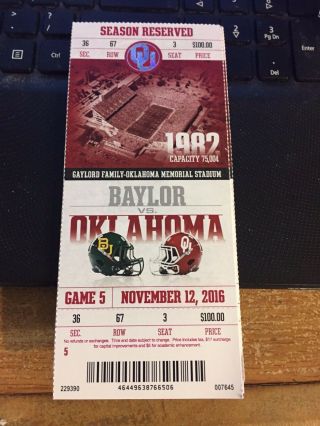 2016 Oklahoma Sooners Vs Baylor Bears College Football Ticket Stub 11/12