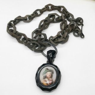 Antique Vulcanite And Whitby Jet Portrait Miniature Mourning Locket Necklace