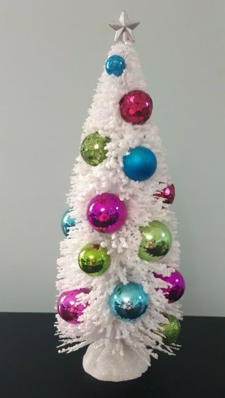 Vintage Christmas White Bottle Brush Tree Mercury Glass Ornaments Decor 9 1/2 "