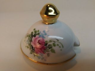 Vintage Hand Painted Sugar Bowl Lid Spoon Rose Pattern Gold Accent 3.  75 