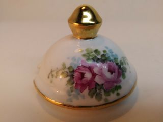 Vintage Hand Painted Sugar Bowl Lid Spoon Rose Pattern Gold Accent 3.  75 