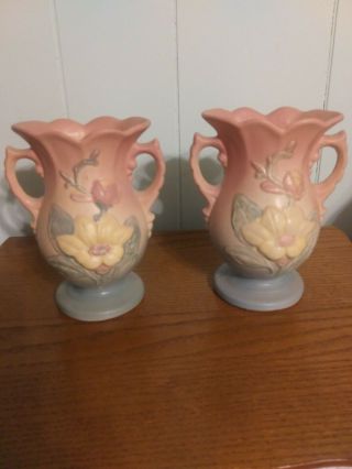 Vintage Hull Art Pottery Double Handle Vase Magnolia Pink & Green U.  S.  A.  Pair