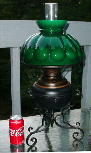 Antique Mission Ars & Crafts B & H Oil Lamp W/ Green Case Glass Shade N/r