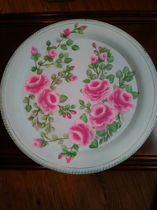 Shabby Chic Hand Painted Roses - Vintage Round Silver Plate Tray