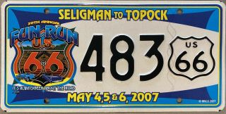 Arizona Route 66 Seligman To Topock Fun Run License Plate