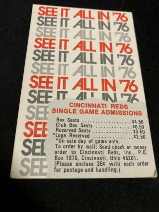 1976 Cincinnati Reds Baseball Pocket Schedule See It All In ‘76 Version