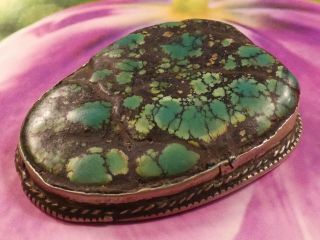Antique Tibetan Natural Green Turquoise Bead Silver Copper Inlaid Bead Giant