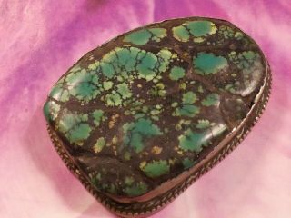 ANTIQUE TIBETAN NATURAL GREEN TURQUOISE BEAD SILVER COPPER INLAID BEAD GIANT 2