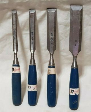 Vintage 4 Piece Grizzly Wood Carving Hand Chisel Set Blue Handled