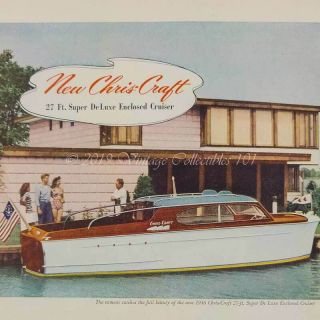 1945 Chris Craft 27ft De Luxe Cruiser Boating Bikini Pinup Art Print Ad