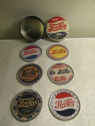 Vintage Pepsi Cola Soda Pop Coasters Tin With Cork Backs In Metal Container