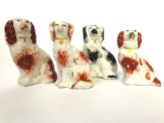 Set Of 4 - Antique Staffordshire Dog Figurines King Charles Spaniel 3 " - 4 " Tall