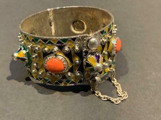 Vintage Morocco Silver,  Enamel And Coral Glass Hinged Bangle Bracelet With Pin