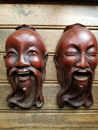 Two Asians Antique Carved Wood ?laugh Now Cry Later Drama L Masks Wall Hangers