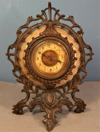 Antique French Style Bronze And Alabaster Mantel Clock
