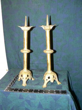 Antique Gothic Pair Brass Ornate Candlesticks Possibly Ecclesiastical Churh