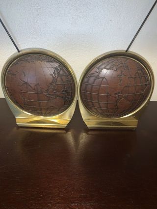One Pr.  Vintage Matina - Mid Century Modern World Globe Bookends Brass - Leather