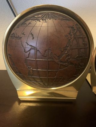 One Pr.  Vintage Matina - Mid Century Modern World Globe Bookends Brass - Leather 2