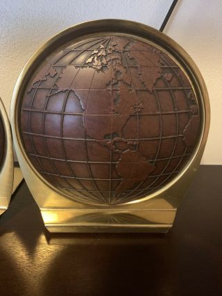 One Pr.  Vintage Matina - Mid Century Modern World Globe Bookends Brass - Leather 3
