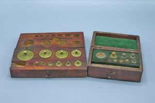 Antique Brass Balance Scale Weights In Handsome Wooden Boxes (2)