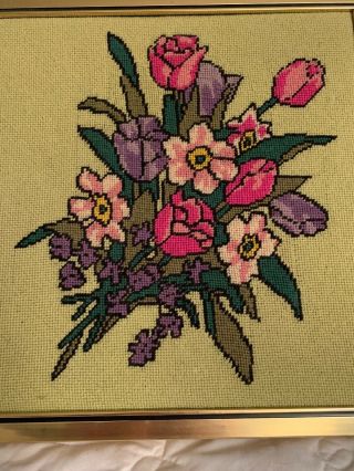 Vintage Needle Work Framed Picture MCM Colors Floral Signed Ann Heft 2