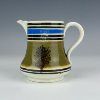 Antique Mocha Ware Pottery - Tree Decorated Banded Jug - Lovely