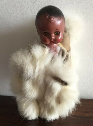 Vintage Celluloid Eskimo Doll With Real Fur& Suede