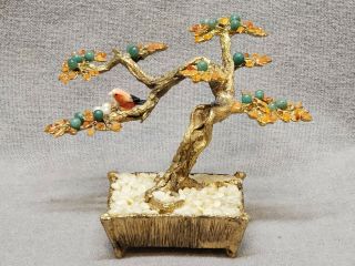 Vintage Swoboda Gemstone Bonsai Tree Sculpture Jade,  Peral Leaves Bird