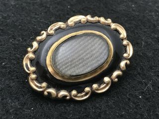 Antique Victorian Black Enamel Mourning Brooch With Plaited Human Hair