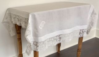 Stunning Vintage Antique Linen & Lace Monogrammed Tablecloth