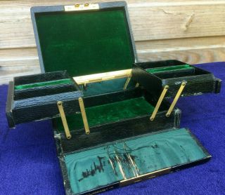 Antique Edwardian Peter Robinson Ladies Black Leather Travel Case Jewellery Box