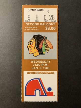 1/6/88 Nhl Chicago Blackhawks Ticket Stub Vs Quebec Nordiques Stastney Goulet