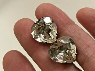Antique Art Deco Marked Silver Screw Back Rock Crystal Heart Earrings Open Back