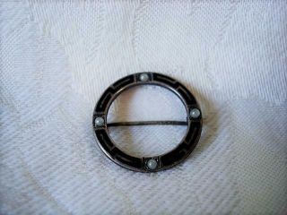 Vintage Mourning Pin Brooch Sterling Silver Circle With Black Enamel Faux Pearls