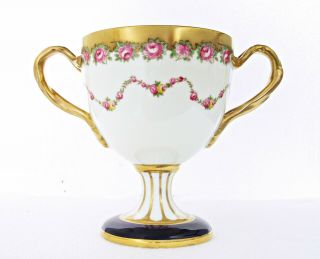 Antique Cauldon Porcelain Pedestal Vase / Rose Bowl,  Painted Roses,  Gilt,  C1910