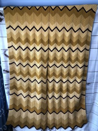 Vintage Crocheted Afghan Blanket Throw Chevron Tan Brown Cream 47x72