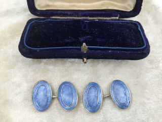 Sterling Silver And Blue Enamel Antique Cuff Links.