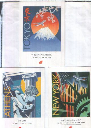 Three Virgin Atlantic Classic Poster Series Postcards Tokyo,  York & Athens