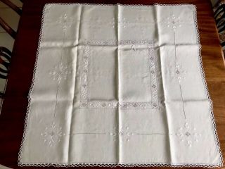 Vintage Lefkara Hand Embroidered Natural Linen Tablecloth 37x37 Inches