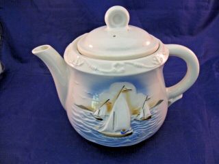 Vintage Ceramic Tea Pot With Sailboats Motif And Embossed Rim