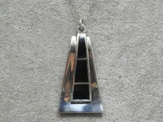 Vintage Taxco Mexico Large Sterling Silver Pendant W Black Inlay Necklace