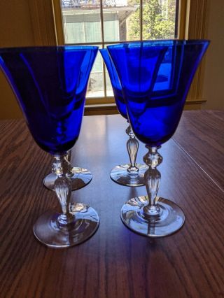 Antique Set Of 4 Huntington Ding Cobalt Blue Water Goblets