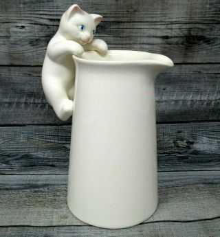 Cat Creamer Cream Pitcher Vintage Ceramic Blue Eye Kitty Handle Planter Country