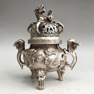 Exquisite Old Chinese Tibet Silver Copper Censer Handmade Carving Dragon Image
