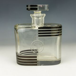Antique French Glass Large Geometric Banded Decanter Or Scent Bottle - Art Deco