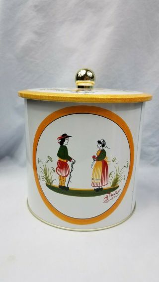 Vintage French Henriot Quimper Cookie Jar Biscuit Tin Country Kitchen Man Woman