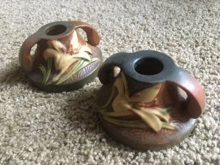Vintage 1940 Roseville Pottery Zephyr Lily Pair Candle Holders Art Deco