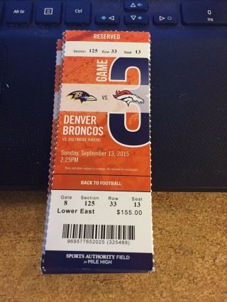 2015 Denver Broncos Vs Baltimore Ravens Nfl Ticket Stub 9/13 Peyton Manning
