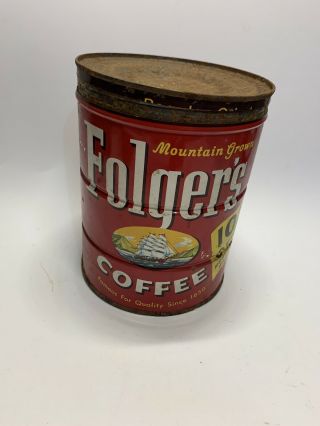 Vintage Folgers Coffee Can 2 Lb Tin Mountain Grown Copyright 1959 10 Cents Off