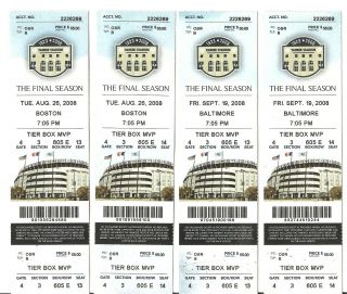 (4) York Yankees 2008 The Final Season Yankee Ticket Stub Aug 26,  Sept 19th